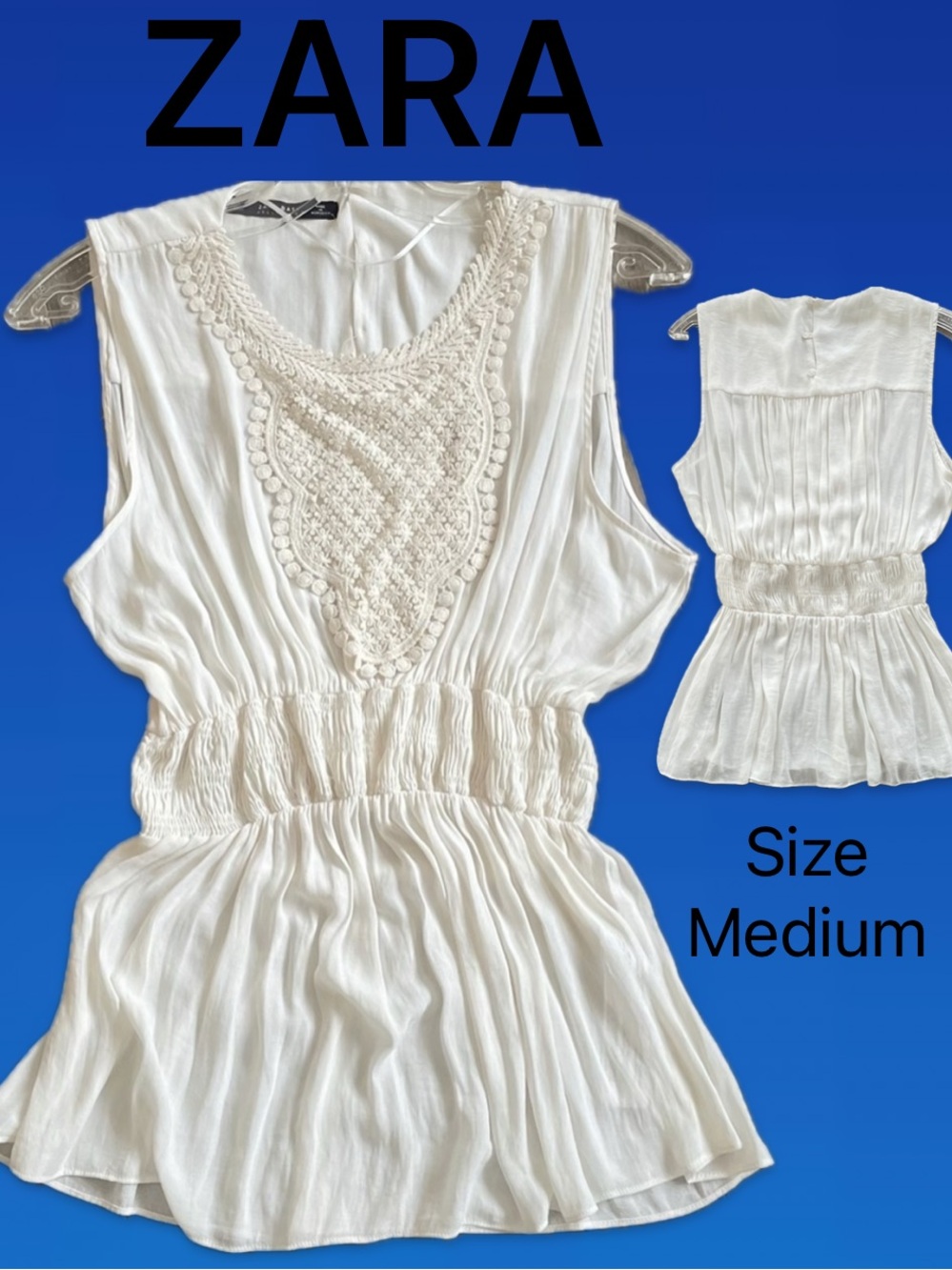 Zara Ivory Crochet Front Peplum Camisole Smocked Waist Sheer Top Medium